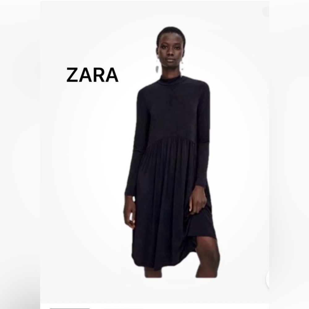 Zara Long Sleeves Clear Top Black Gathered Large MIDI/Maxi Dress